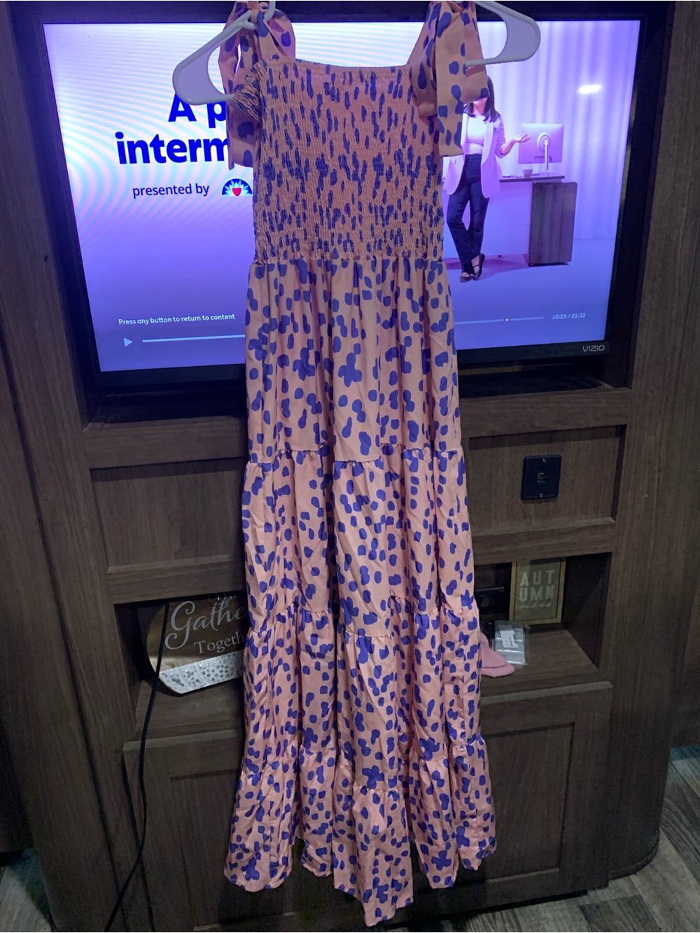 Smocked Tiered Maxi Dress in Peach with Blue Print